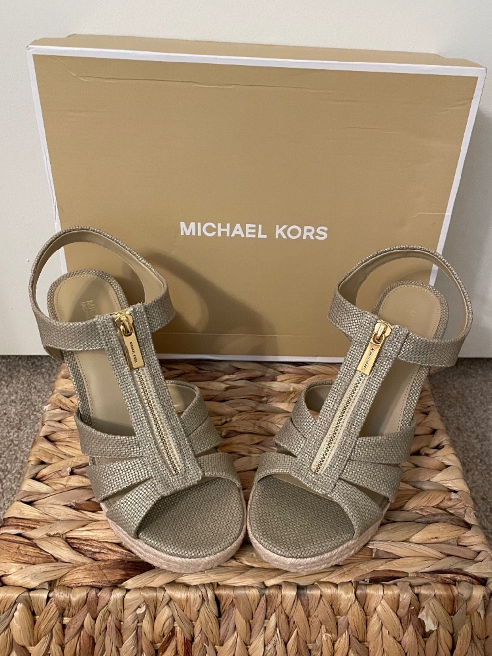 Michael Kors - Berkley Wedge Sandal- Metallic Canvas (Pale Gold)-US Size 7.5 NWT